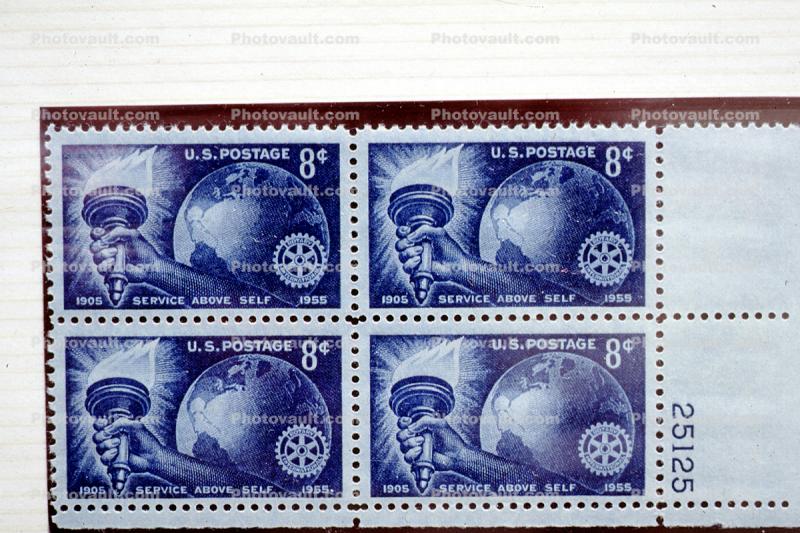 Service Above Self, 1905 - 1955, Hand, torch, globe, earth, Eight Cent Stamp