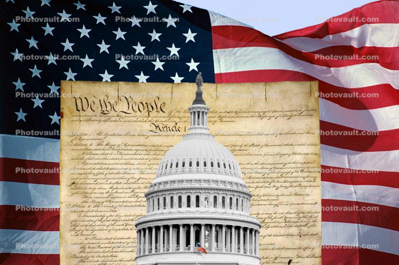 The United States Constitution, Capitol building, Flag, We the People, document