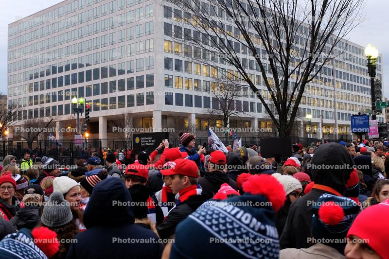 Trump Inauguration Day, 20/01/2017, crowds, buildings, hats