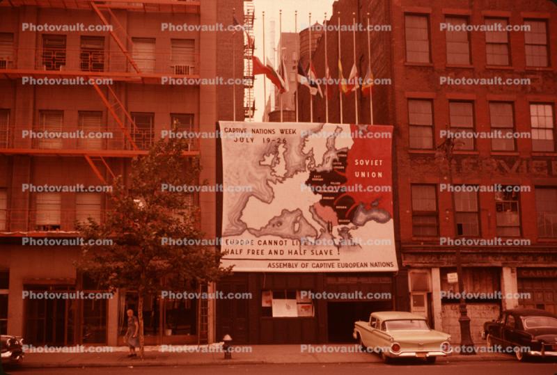 Captive Nations Week banner, Cold War, Garage, 1950s