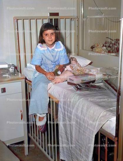 Girl Patient with Doll, Hospital Room, bed, 1950s