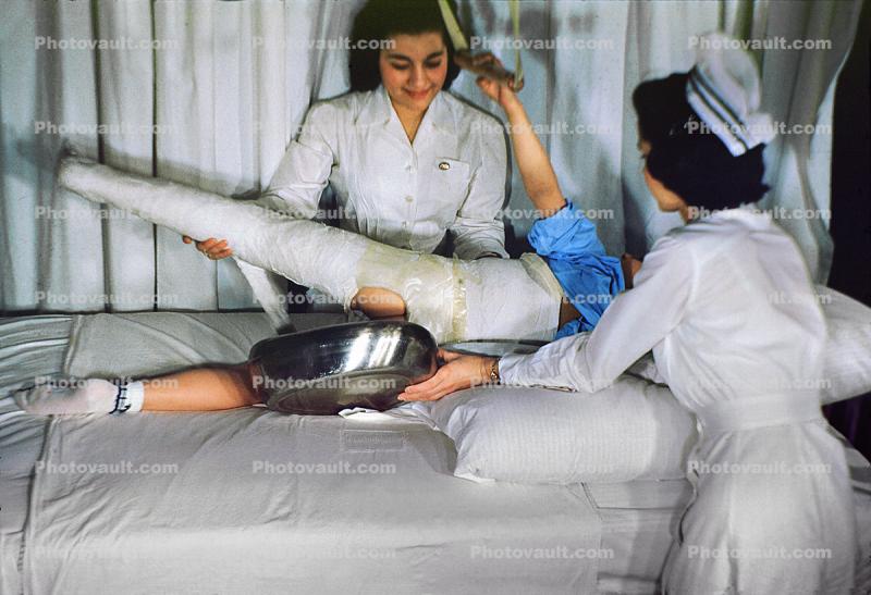 Patient in a body cast, Bedpan, Nurse, 1949, 1940s, Spicacast