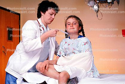 Female Doctor and Girl Patient, Broken Arm, Arm Sling, Pigtails, Female, Woman