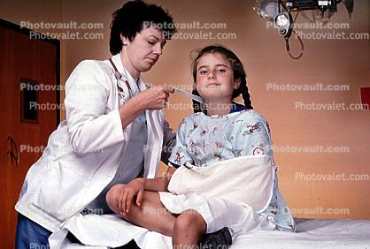 Female Doctor and Girl Patient, Broken Arm, Arm Sling, Pigtails, Female, Woman