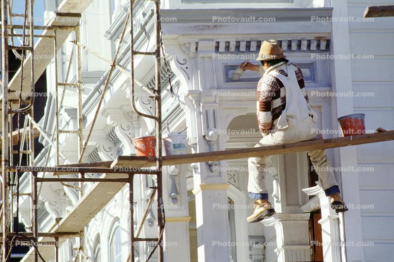 Painter, Painting a Victorian, Scaffolding, Paint Bucket, sitting