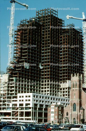 Marriot Hotel Construction, Saint Patricks Church, Yerba Buena Gardens, steel framework