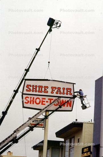 Telescopic Crane, Shoe Fair, Shoe-Town, Sign, Signage, Daly City, California, telehandler