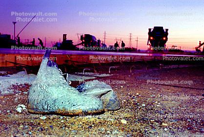 shoes, boots, early morning pouring cement for a large floor, Twilight, Dusk, Dawn