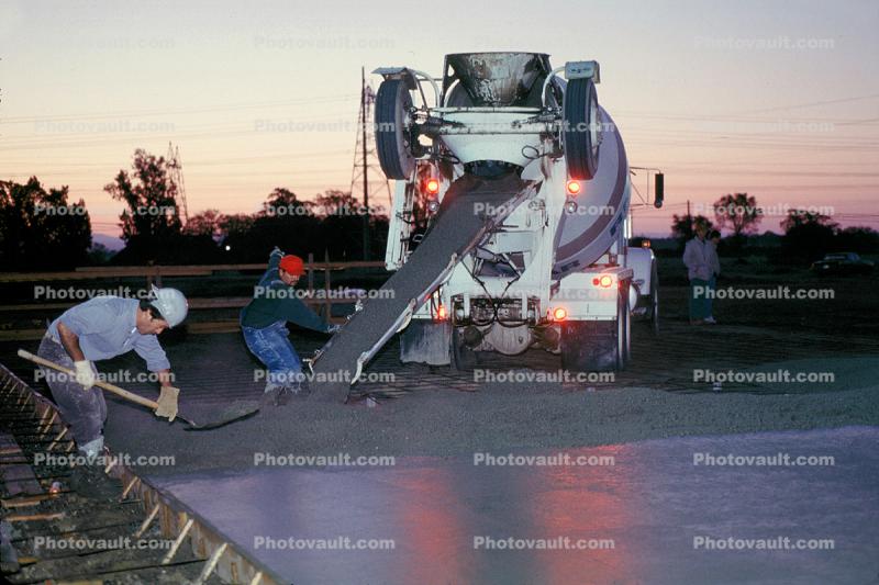 cement pour for a large warehouse floor, early morning, Man, Men, Worker, Twilight, Dusk, Dawn, shovel, chute