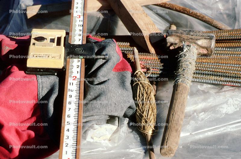 Concrete Pour, tools, rebar, measuring device