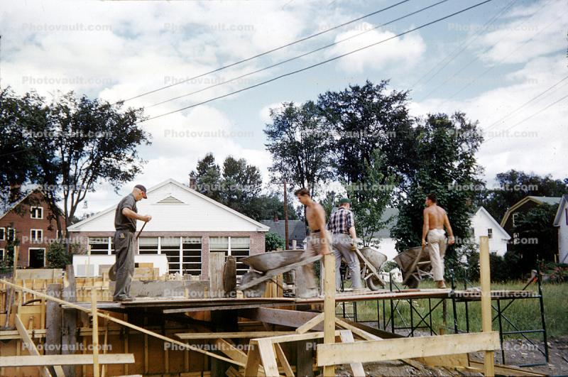 Wheelbarrow, men, guys, shirtless, wood planks, 1958, 1950s