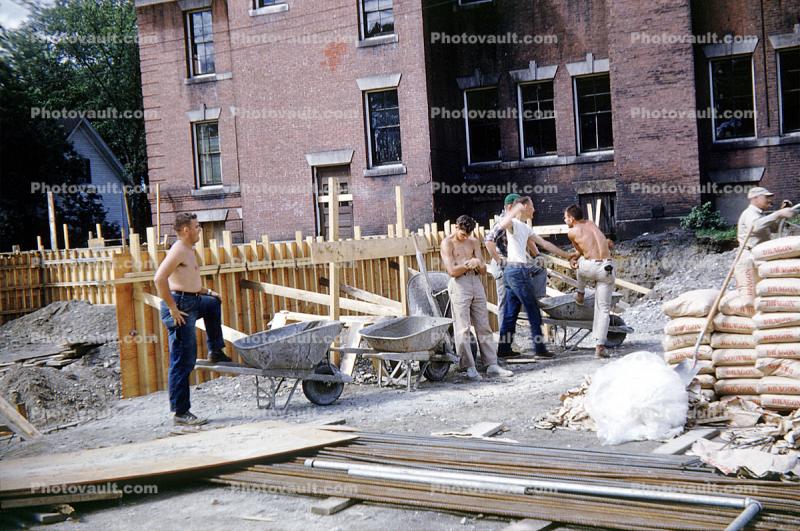 Wheelbarrow, fence, men, guys, shirtless, brick, path, 1958, 1950s