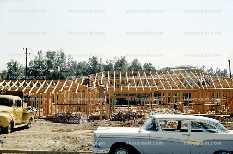 Ford Fairlane, Car, Wooden Frame for a new Home, house, 1950s