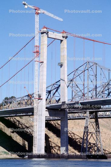 Tower Crane, Carquinez Strait Bridge, Alfred Zampa Memorial Bridge being built, Interstate Highway I-80, Crockett California