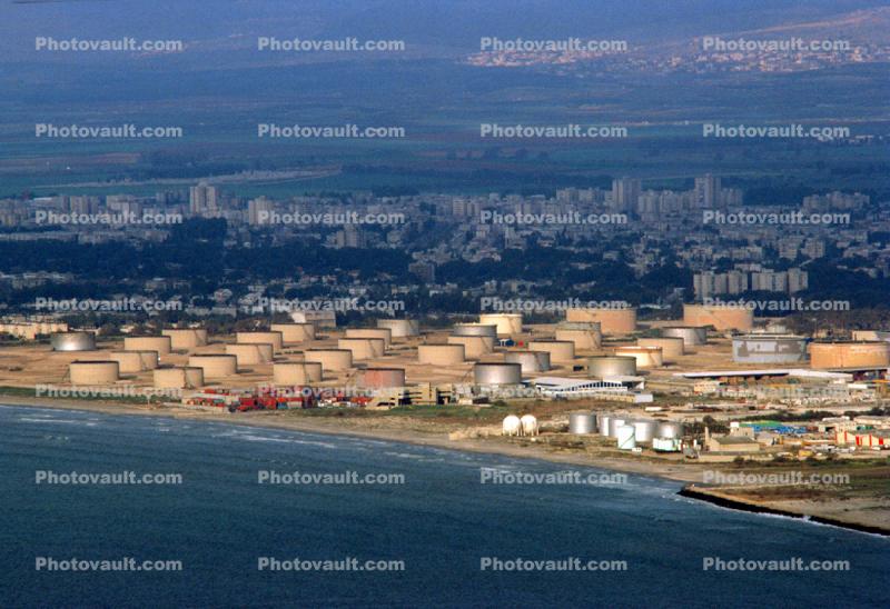 Oil Storage Tanks at a Refinery, Haifa, Coast, Coastline