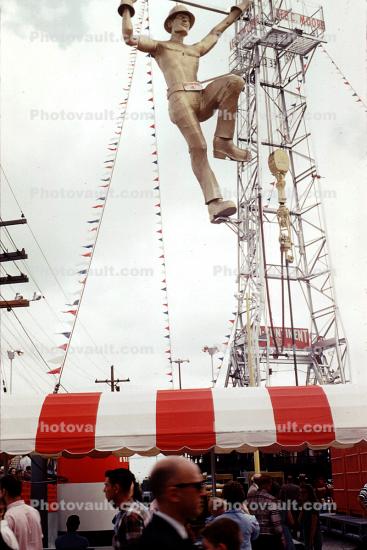 Oil Man Drilling, Derrick, Statue, oversized man on a rig, INTERNATIONAL PETROLEUM EXPOSITION, Tulsa, Oklahoma, 1959, 1950s