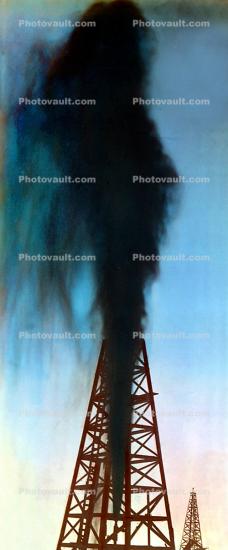 Gushing Oil, Gusher, Derrick, Oil Well, Panorama, Oil Fields, Extraction, Drilling Rig