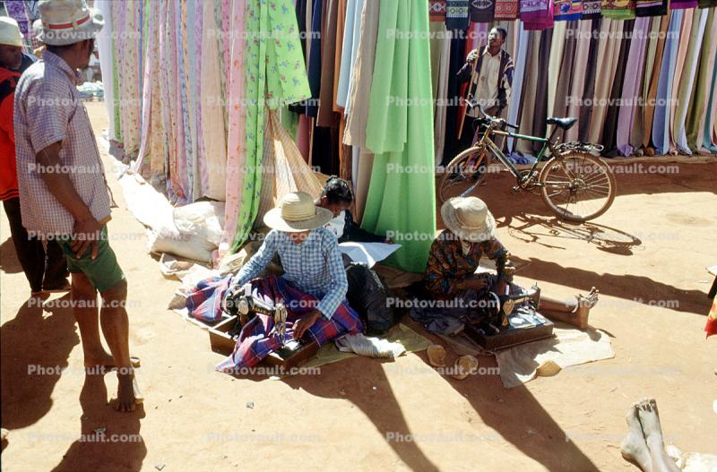 Cloth, material, sellers, sewing machine, men, hats, shadow