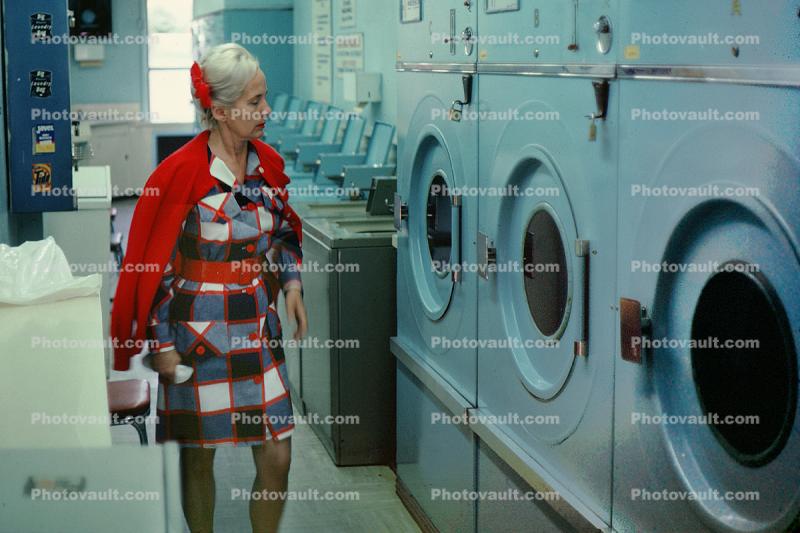 Woman at the laundromat, machines, mod dress, female, 1960s