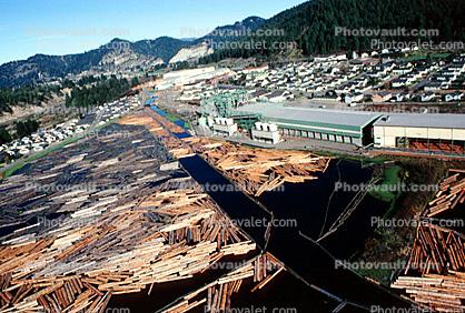 Lumber Mill, log rafts, warehouse, buildings, Humboldt County