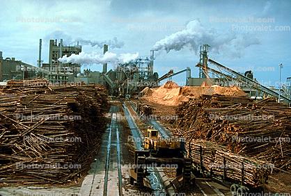 freight train, Smoke, Air Pollution, soot, Pulp Mill, sawdust mounds, building