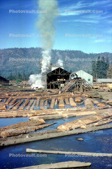 Log Rafts, floating, Mill, Water, Hills, Mountains, Smokey Lumber Mill, smoke, air pollution, soot, buildings