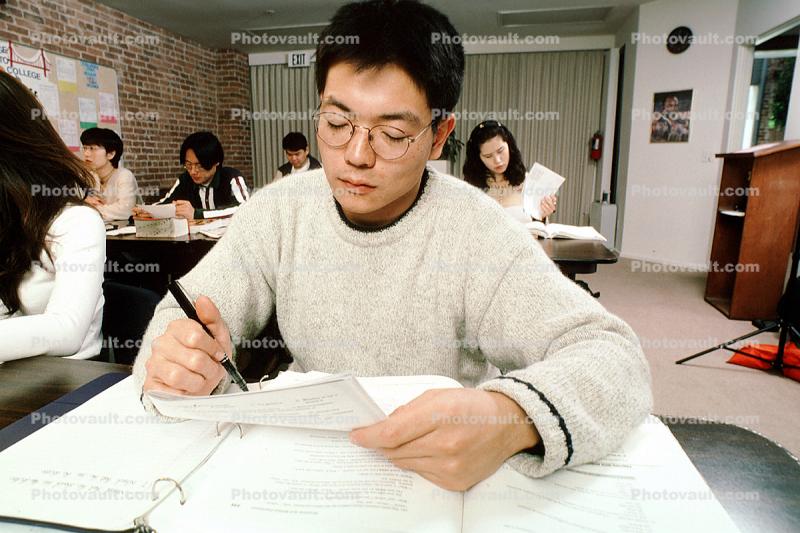 Student, male, man, Asian, glasses, books, studying, studious