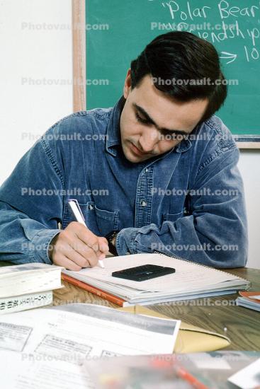 Man, studying, classroom, chalkboard, books
