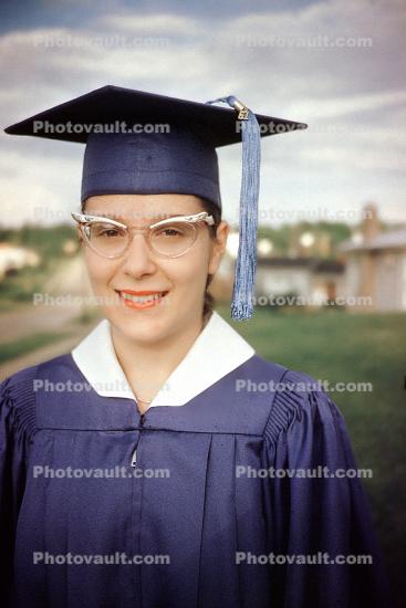 Woman, Tassel, cap and gown, female, face, cateye glasses, Graduation, 1960s