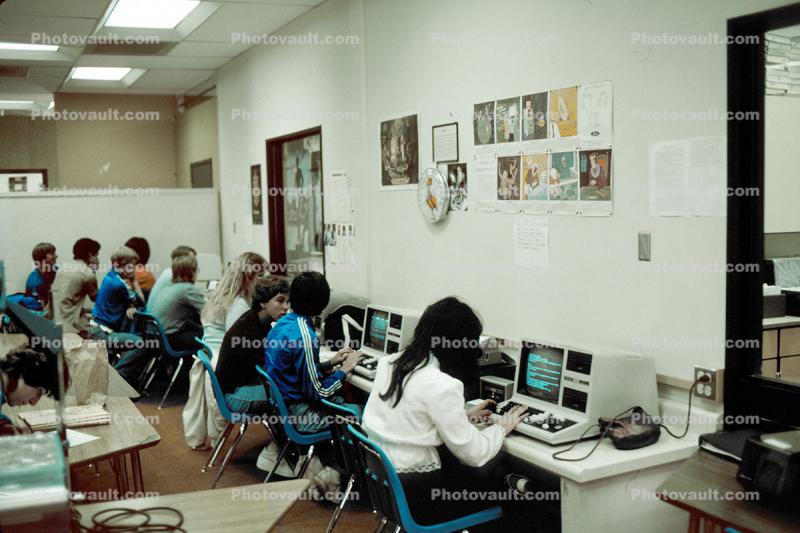 Girl, Students, High School, Library Study, Computer, monitor, printer, Apple Computer, Floppy Drive