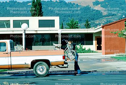building, pickup truck, Dropping Children off for School, June 1984