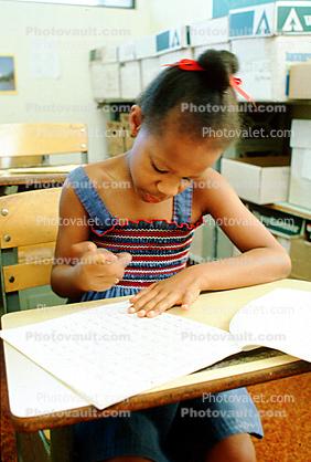 Girl, Desk, Classroom, writing, test, Student
