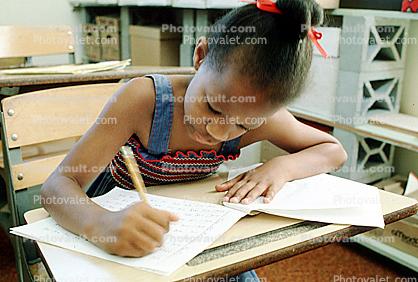 Girl, Desk, Classroom, writing, test, Student