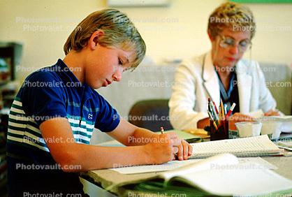 Boy Writing, Classroom, books