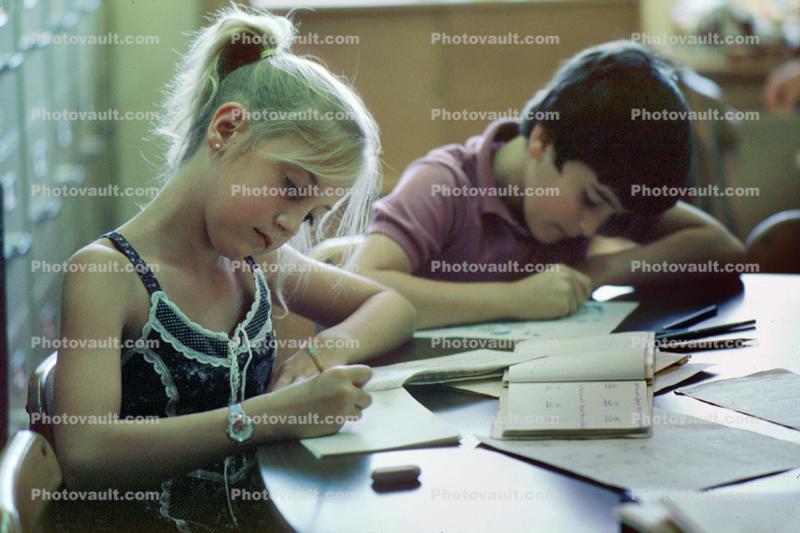 Girl, Boy, Writing, classroom, test, studious