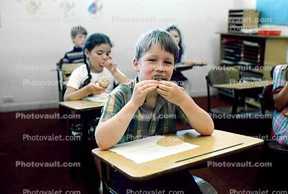 classroom, student, Boy, Male, Guy, cupcake, smiles, Children Eating Lunch, desk