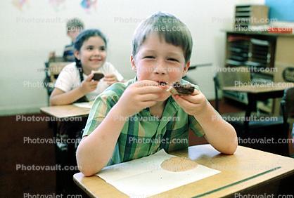classroom, student, Boy, Male, Guy, cupcake, smiles, eating, Children Eating Lunch, desk