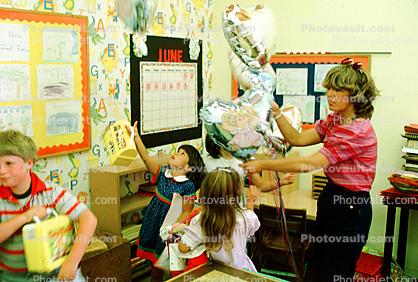balloons, lunchpail, wallpaper, girls, boy, woman, Students in a Classroom