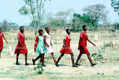 Schoolgirls, walking to school, uniform, Madzongwe