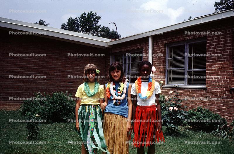 Hawaii Day, Girls, Grass Skirts, Lawn, Brick Building, 1950s