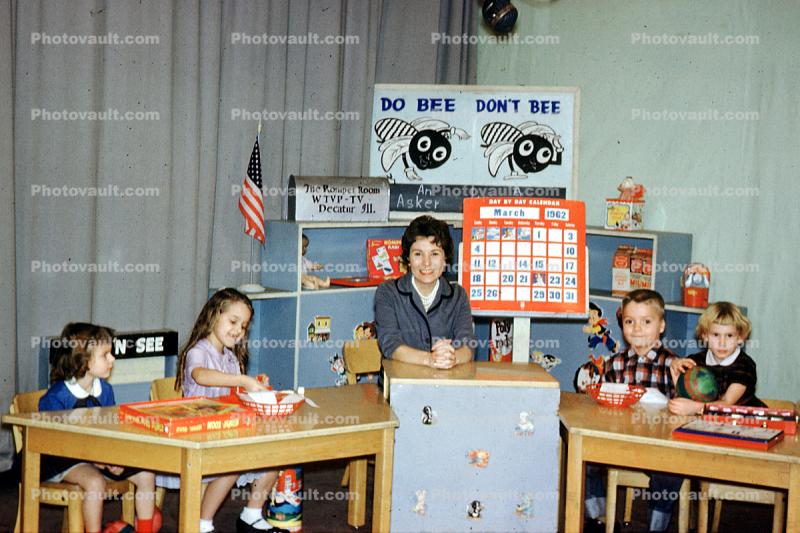 Teacher and Students in classroom, Do Bee - Don't Bee, desk, girls, boy, woman, 1960s