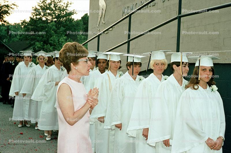 Girls on Graduation Day, Cap and Gown, Highschool, teens, teenagers, teacher, 1960s
