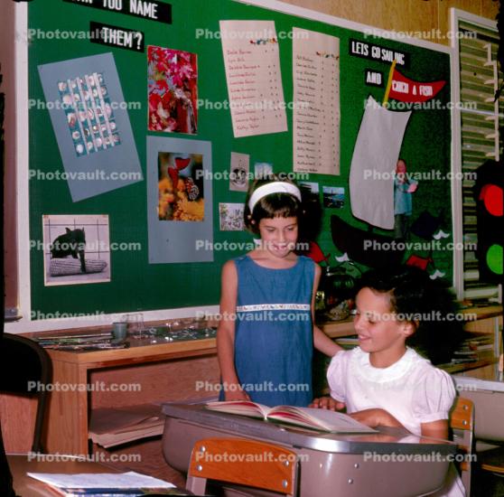 Girls, desk, smiles, Classroom, 1960s