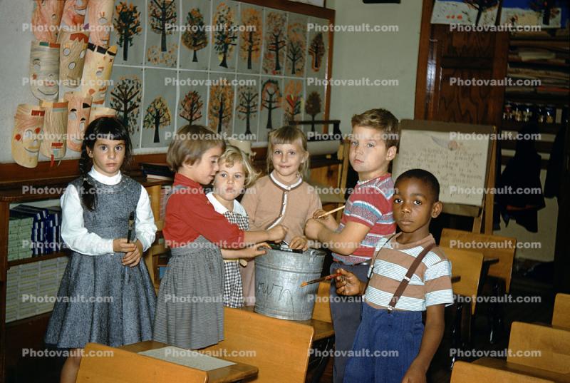 Multi-Ethnic, Boys, Girls, Dress, Female, Male, Diversity, Pail, Classroom, 1950s