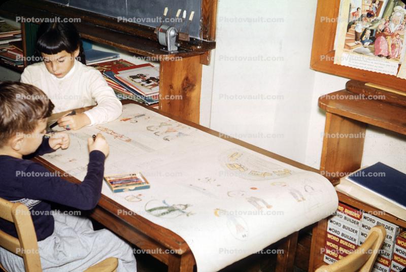 Boys, Drawing, Table, Art, 1950s