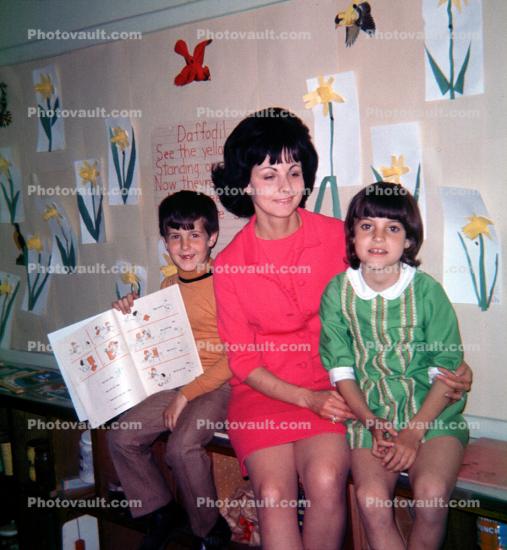 Teacher, Schoolkids, Boy, Girl, Woman, Book, Daffodil, 1960s