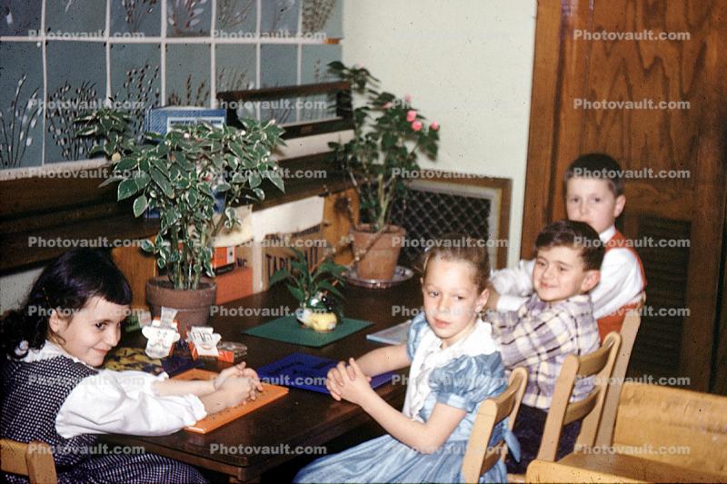 Table, Plants, Chairs, Boys, Girls, Sitting, Classroom, 1950s