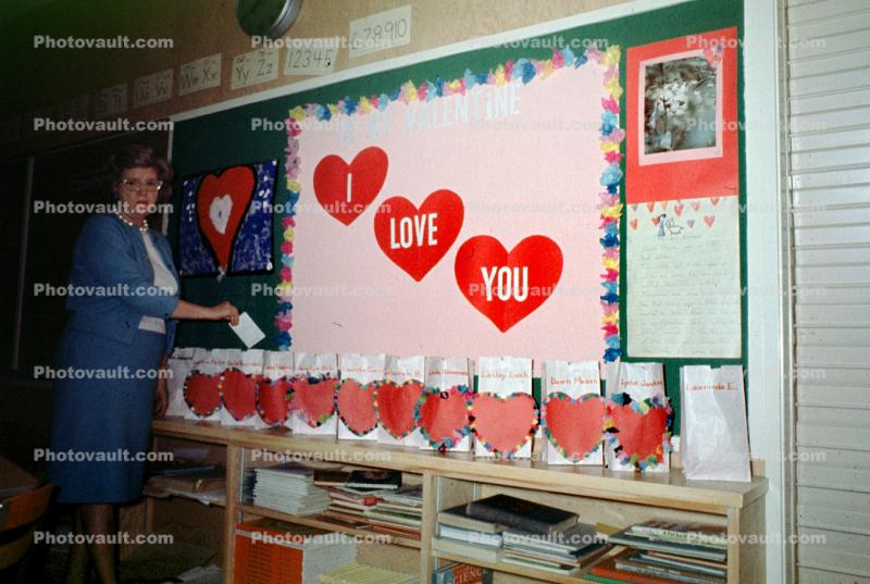 Teacher, bags, hearts, Classroom, 1960s