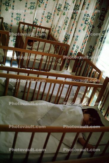 Nap Time, Girls, Boys, cribs, blankets, sleep, sleepy time, Preschool, 1974, 1970s
