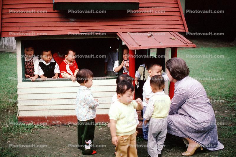 Boys, Girls, Playhouse, toy house, building, teacher, Tokyo Japan, October 1982